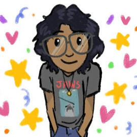 A stylised self portrait of Avari. It depicts a person with a darker skin tone with shoulder length black hair. They are wearing glasses and a JAWS t-shirt. There is confetti drawn around them.